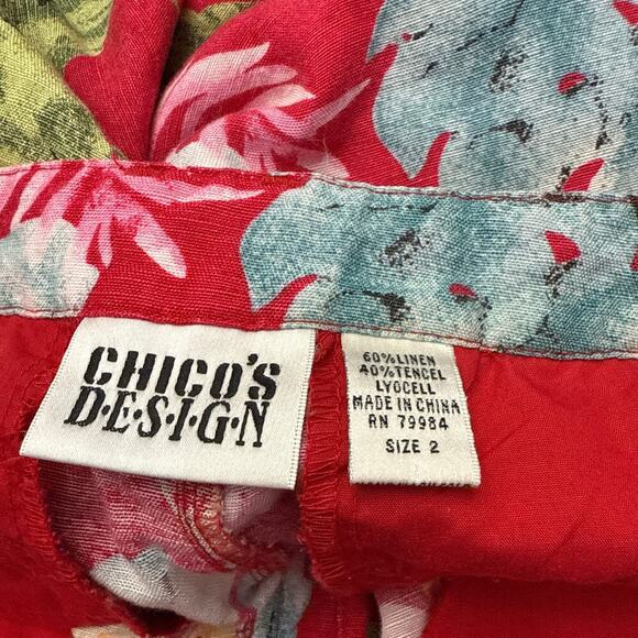 Chicos Design Linen Blend Crop Pants Red Floral Vintage Large - Picture 2 of 11